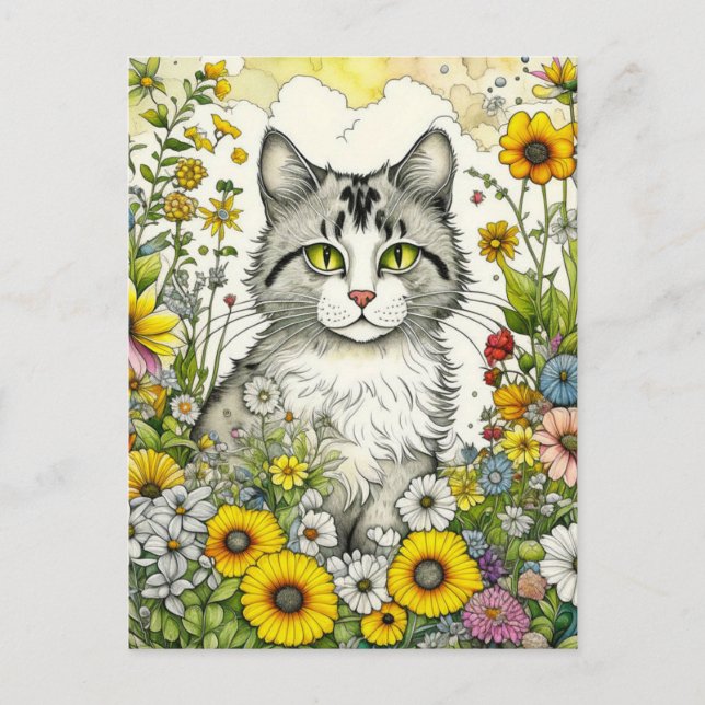 Postal Gato gris y blanco gitano sentado en flores (Anverso)