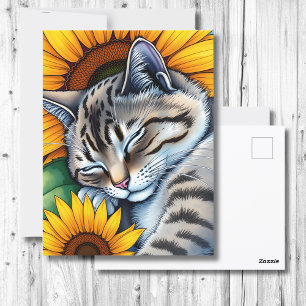 Postal Gato gris y girasol dulce que aplaude