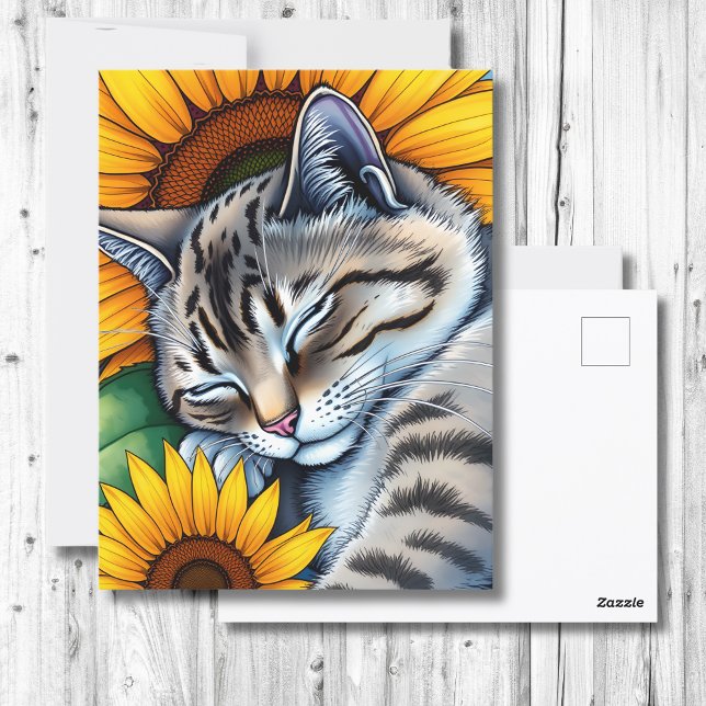 Postal Gato gris y girasol dulce que aplaude (Subido por el creador)
