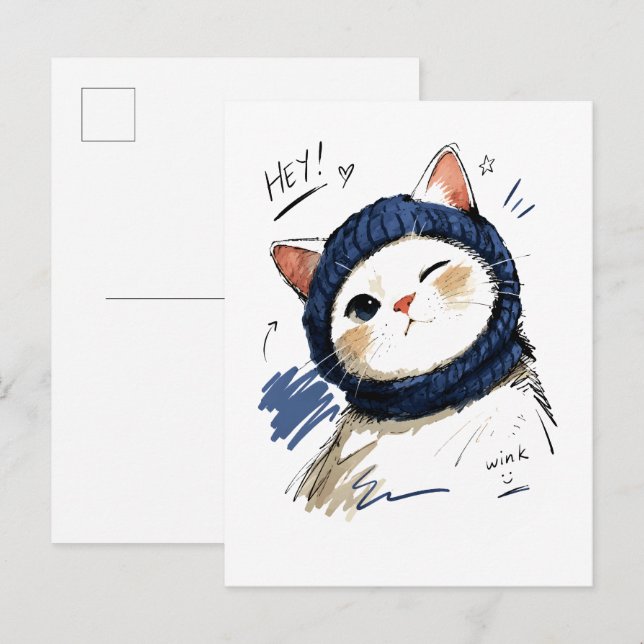 Postal Gato Guiñando con Bufanda de Punto Acogedora (Anverso / Reverso)