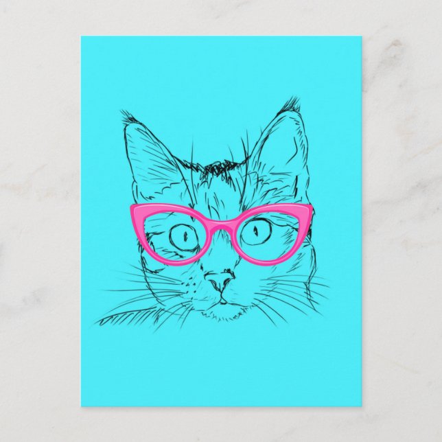 Postal Gato Hipster Azul y Rosa (Anverso)