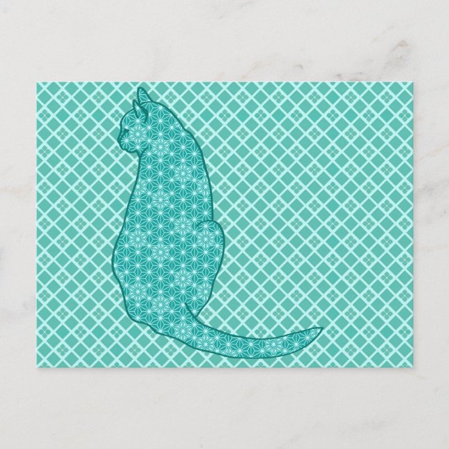 Postal Gato japonés - Impresión de kimono turquesa (Anverso)