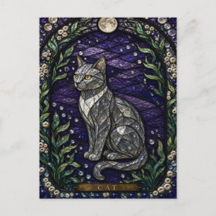 Postal Gato Jardín Iluminado por la Luna Vidrio Emplomado