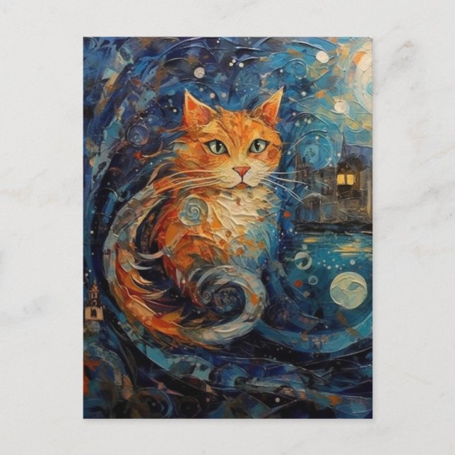 Postal Gato jengibre al estilo del arte Van Gogh AI (Anverso)