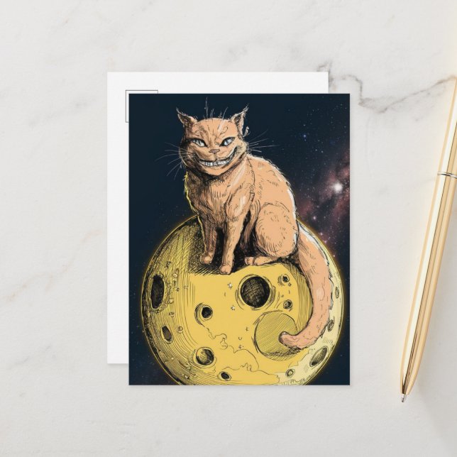 Postal Gato Jengibre Sonríe en la Luna (Anverso/Reverso In Situ)