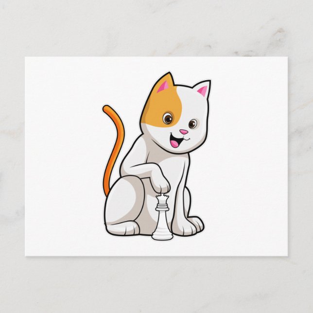 Postal Gato jugando ajedrez con pieza de ajedrez Peón (Anverso)