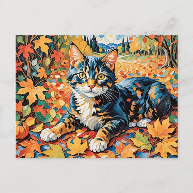 Postal Gato juguetón en hojas de otoño (Anverso)