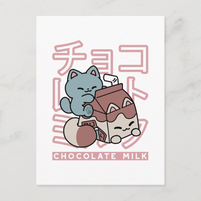 Postal Gato Kawaii con Leche de Chocolate – Arte Pop Japo (Anverso)