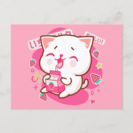Postal Gato kawaii dulce leche de fresa japonesa
