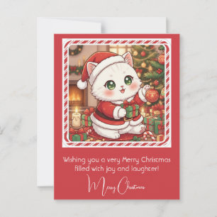 Postal Gato Kawaii en Navidades de Santa Suit