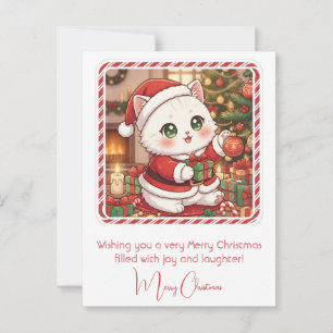 Postal Gato Kawaii en Navidades de Santa Suit
