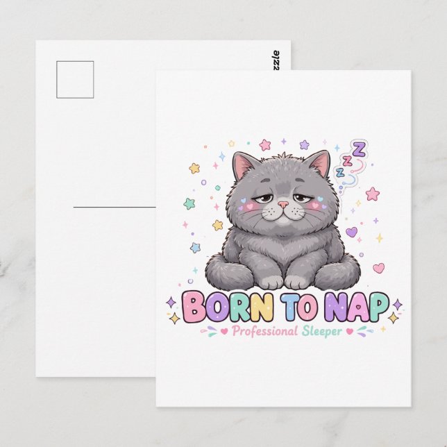 Postal Gato Kawaii Nacido para Dormir (Anverso / Reverso)