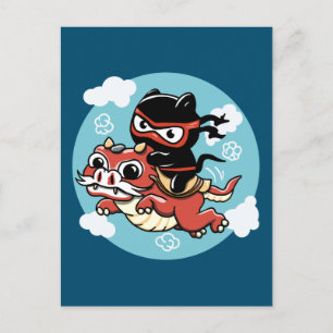 Postal Gato Kawaii Ninja montando un dragón rojo
