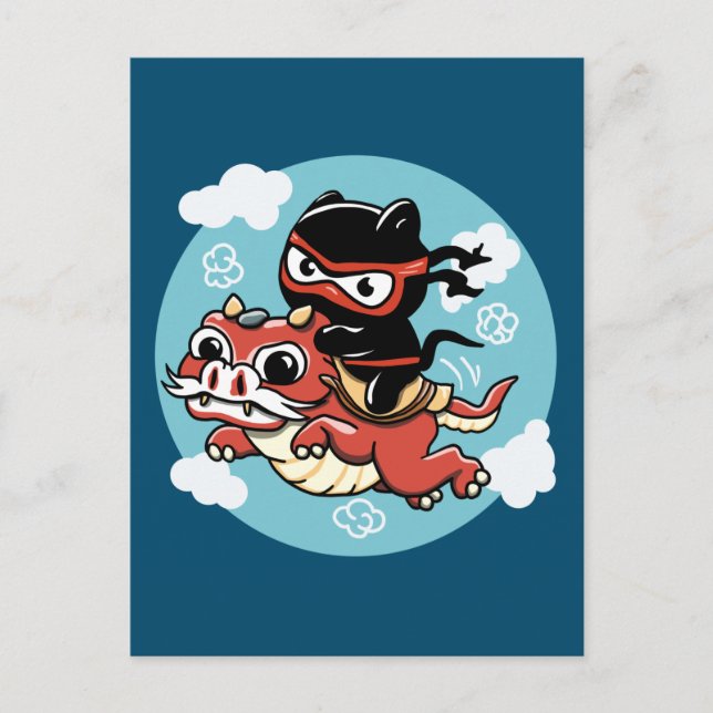 Postal Gato Kawaii Ninja montando un dragón rojo (Anverso)