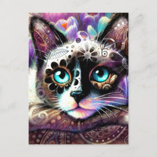 Postal Gato kitano siamés crocus floral morado blanco Ver