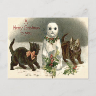 Postal Gato Kitten Curioso Snowman Holly Wreath