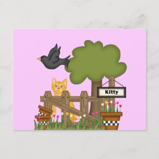 Postal Gato Kitty en el jardín