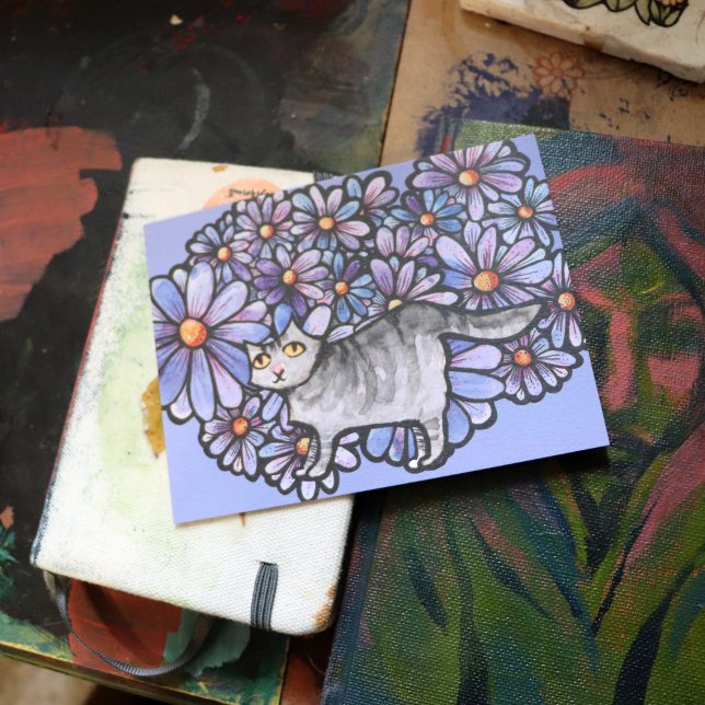 Postal Gato Kitty Púrpura Daisies Gris Gato Gris Gris Gri (Subido por el creador)