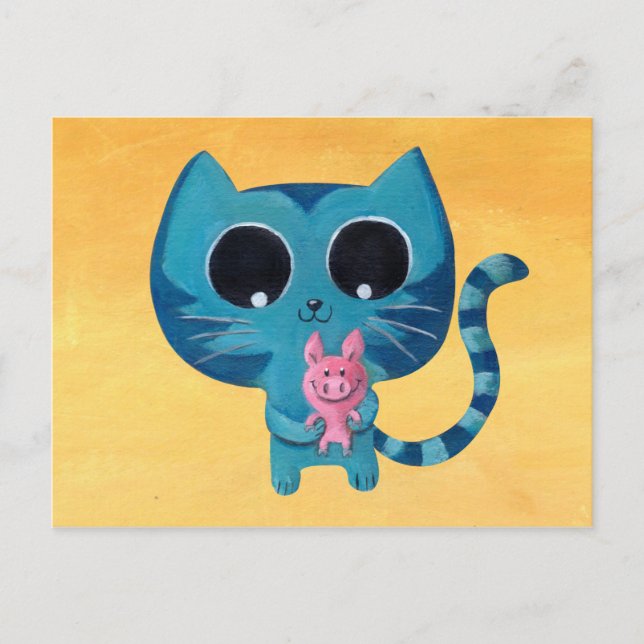 Postal Gato Kitty y cerdo (Anverso)