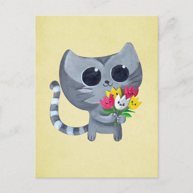 Postal Gato Kitty y flores (Anverso)