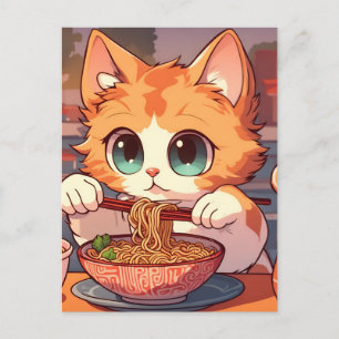 Postal Gato lindo comiendo fideos de Ramen