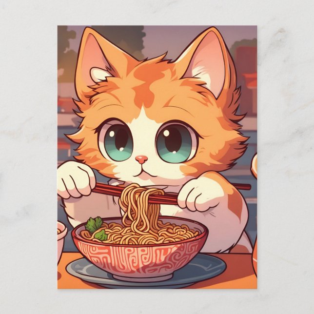 Postal Gato lindo comiendo fideos de Ramen (Anverso)