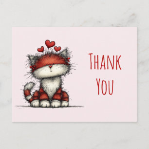 Postal Gato Lindo con Corazones de Amor Rojo Gracias