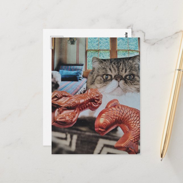 Postal Gato Lindo con Langosta y Collage de Pescado (Anverso/Reverso In Situ)