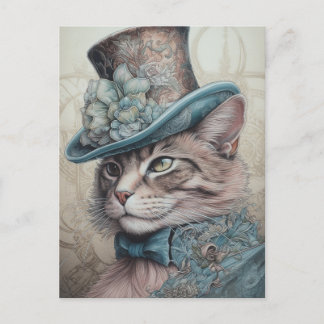 Postal Gato lindo con una tofat vintage de flores azules