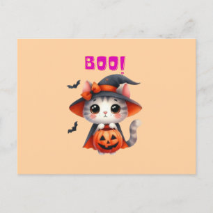 Postal Gato lindo de Halloween con calabaza y decoración 