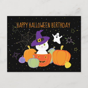 Postal Gato lindo de Halloween con sombrero de bruja
