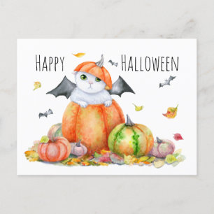 Postal Gato lindo de Halloween en calabaza