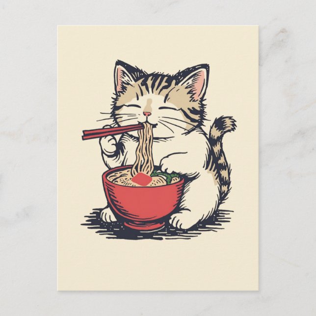 Postal Gato lindo de moda comiendo ramen japonés  (Anverso)