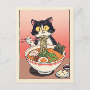 Postal Gato lindo de moda comiendo ramen japonés 