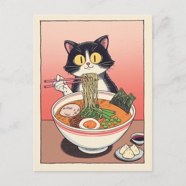 Postal Gato lindo de moda comiendo ramen japonés  (Anverso)