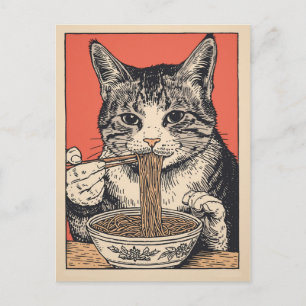 Postal Gato lindo de moda comiendo ramen japonés