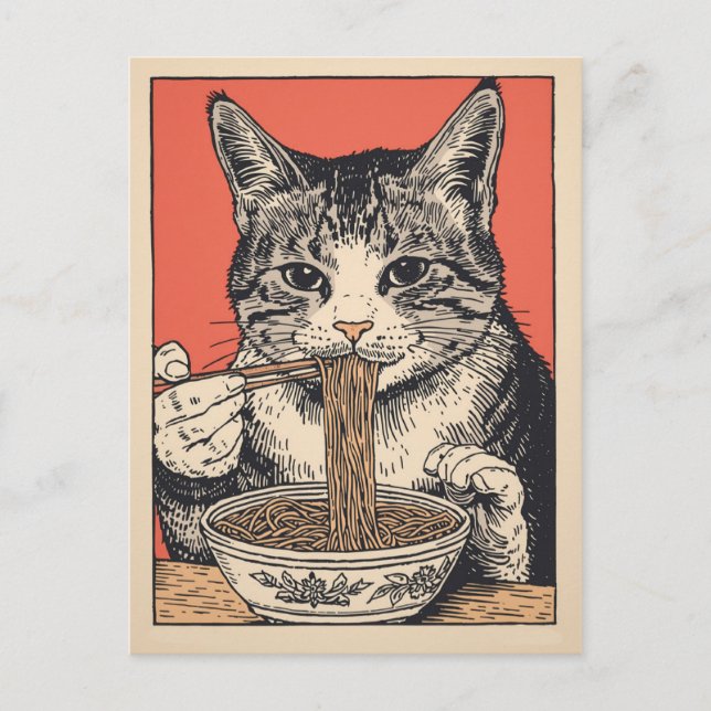 Postal Gato lindo de moda comiendo ramen japonés  (Anverso)