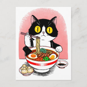 Postal Gato lindo de moda comiendo ramen japonés