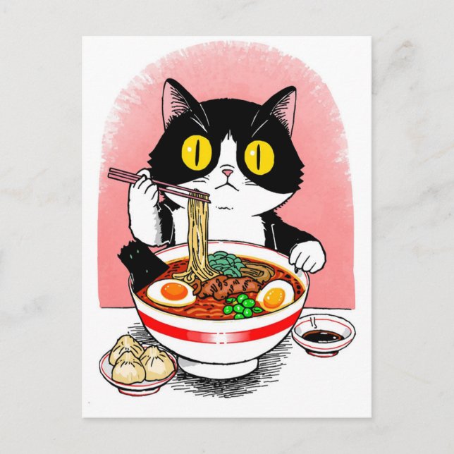 Postal Gato lindo de moda comiendo ramen japonés  (Anverso)
