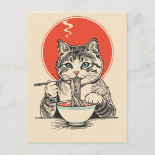 Postal Gato lindo de moda comiendo ramen japonés