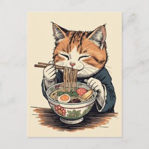 Postal Gato lindo de moda comiendo ramen japonés