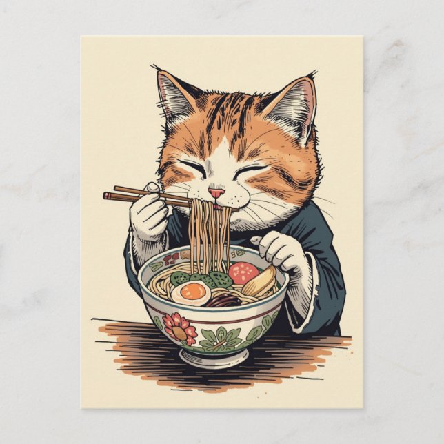 Postal Gato lindo de moda comiendo ramen japonés  (Anverso)