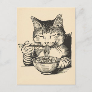 Postal Gato lindo de moda comiendo ramen japonés