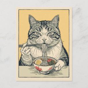 Postal Gato lindo de moda comiendo ramen japonés
