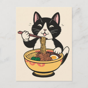 Postal Gato lindo de moda comiendo ramen japonés