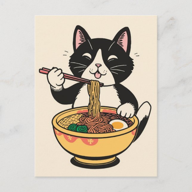Postal Gato lindo de moda comiendo ramen japonés  (Anverso)