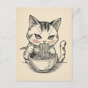 Postal Gato lindo de moda comiendo ramen japonés
