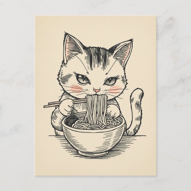 Postal Gato lindo de moda comiendo ramen japonés  (Anverso)