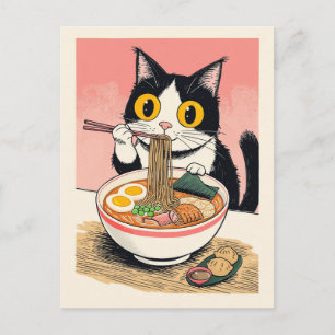 Postal Gato lindo de moda comiendo ramen japonés