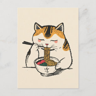 Postal Gato lindo de moda comiendo ramen japonés